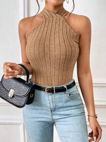 SHEIN Essnce Women's Ribbed Criss-Cross Back Tank Top - Camel - View 4