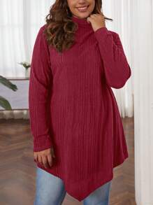 SHEIN LUNE Áo phông cổ cao cỡ lớn với đường viền bất đối xứng - Đỏ - Xem 3