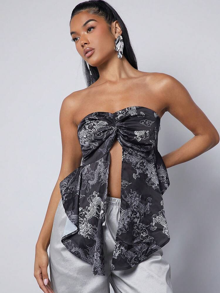 Dragon Print Twist Front Slit Hem Fashion Tube Top