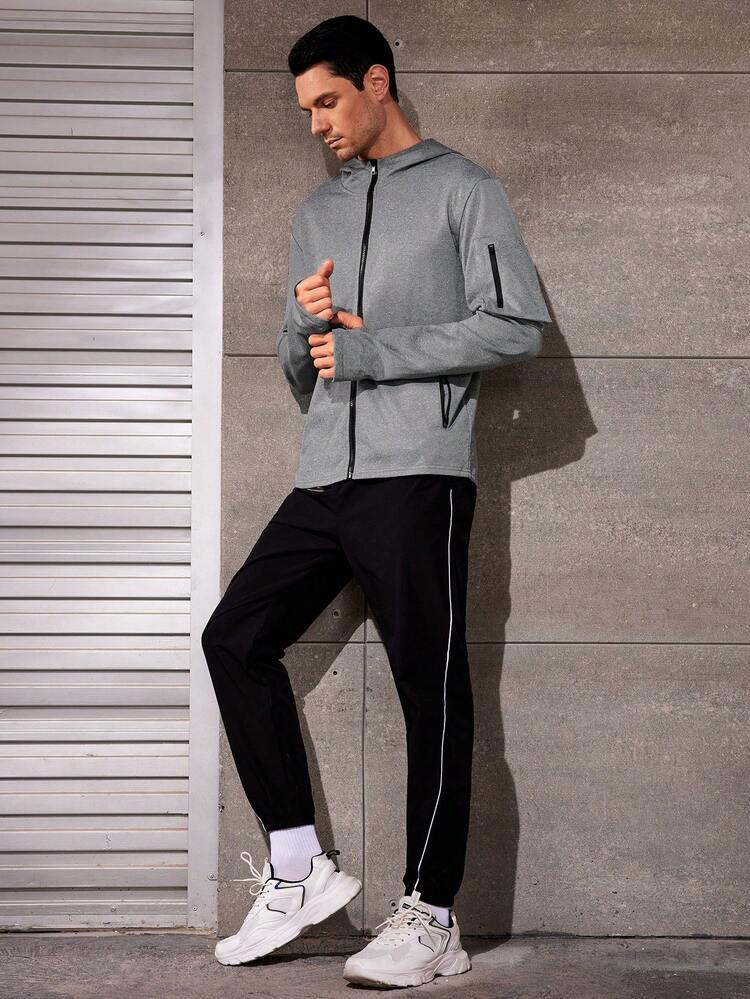 Boyfriend Style Men's Solid Color Zipper Hooded Sports Jacket Workout Tops Grey Jacket Sports Jacket