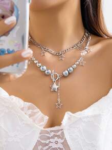 ROMWE Goth 2pcs Punk Style Star & Tassel Pendant Beaded Necklace Set - Silver - View 3