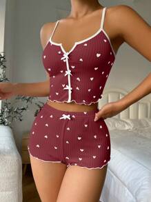 Miss Vinta Heart Patterned Cami Pajama Set - Burgundy - View 5