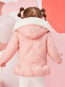 SHEIN 女童休闲保暖厚款保暖内衬连帽长袖夹克，适合秋冬季户外活动 - 粉色 - 查看 2