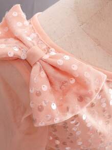 Little Girls' Net Yarn And Sequin Decorated Dress With Bowknot, For Formal Events - Pink - View 5