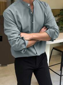 DAZY Men's Solid Color Button Down Long Sleeve Shirt, For Fall Business Attire - Baby Blue - View 2