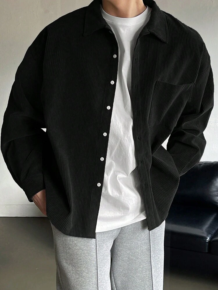 Men's Solid Color Button-Down Casual Shirt,Fall Clothes Long Sleeve Men Shirt