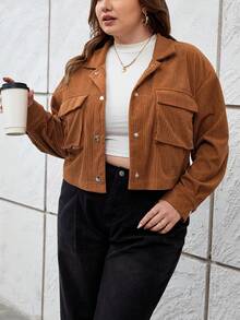 SHEIN Essnce Plus Áo khoác nhung có túi thả vai - Lạc đà - Xem 2