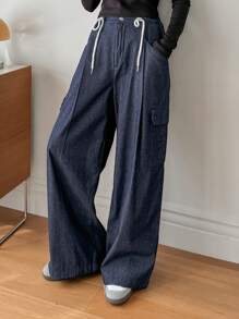 DAZY Drawstring Waist Cargo Wide Leg Denim Pants Baggy Jeans - Dark Wash - View 5