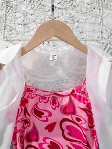 Tween Girl Fashionable Heart Pattern Knit Cami Dress With Solid Color Shirt - White - View 4