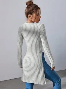 SHEIN Essnce Women's Solid Color Ribbed Slit Long Sleeve T-shirt - Grey - View 2