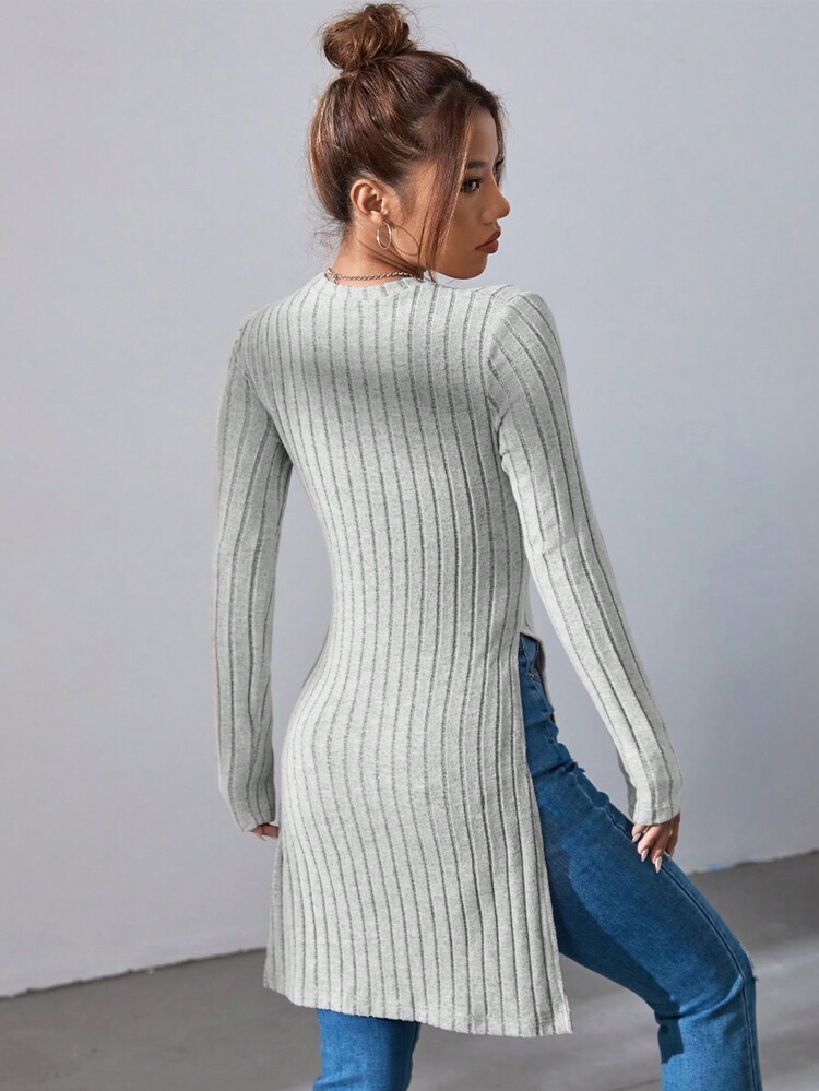 SHEIN Essnce Women's Solid Color Ribbed Slit Long Sleeve T-shirt - Grey - View 2