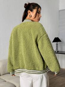 SHEIN Unity 文本和圖案圖形棒球夾克 - 綠色 - 查看 2