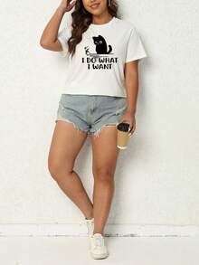 SHEIN LUNE 女大尺碼貓和字母印花短袖 T 卹 - 白色 - 查看 5