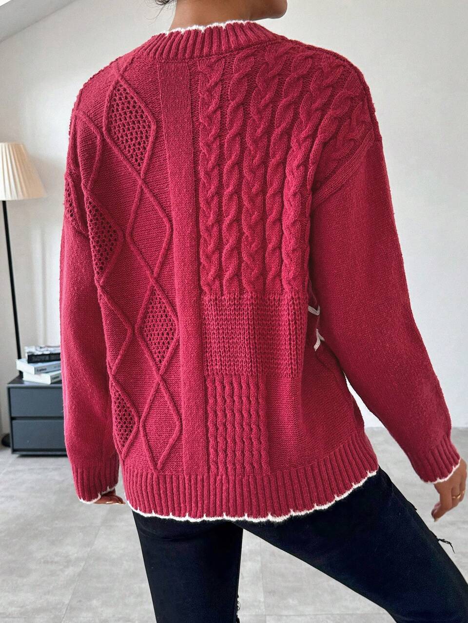 Contrasting Edge Cable Knit Pullover Fall Winter Sweater