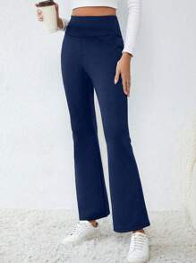 SHEIN Essnce Solid Color High Waisted Warm Thermal Lined Winter Leggings - Blue - View 3