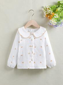 SHEIN 年轻女孩春秋花卉印花彼得潘领扣式衬衫 - 白色 - 查看 1