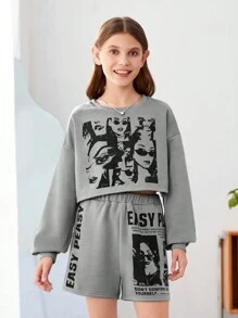 Girls' Knitwear Solid Color Letter Pattern Loose Round Neck Top With Knit Loose Shorts Set - Light Grey - View 5