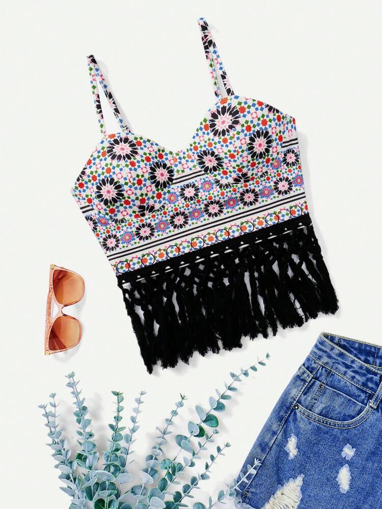 Women's Geometric Print Cami Top With Tassel Hem