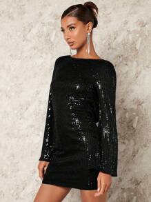 SHEIN BAE Gorgeous Women's Cutout Back Lace-up Sequin Dress - Black - View 3