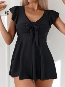 SHEIN Swim 女士蝴蝶袖迷你連身裙分身泳衣 - 黑色 - 查看 4