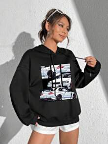 SHEIN Coolane Sudadera De Patrón De Coche Para Mujer - Negro - Ver 3