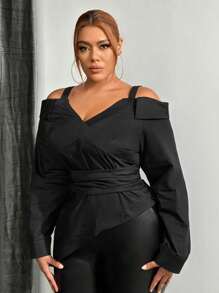 SHEIN SXY Plus Size Women'S Cold Shoulder Shirt - Black - View 6