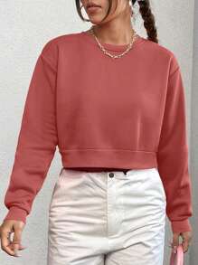 SHEIN EZwear Chất rắn Lót nhiệt Áo len crop - Màu hồng gỉ - Xem 1