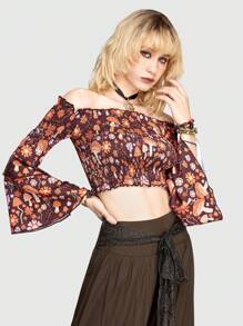 ROMWE Hippie Mushroom And Flower Pattern Blouse With Flare Sleeves, Crop Top - Multicolor - View 4