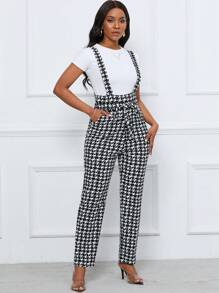 SHEIN Clasi Women Jumpsuits Berikat Kantong Houndstooth Casual Anggun - Hitam dan Putih - View 5