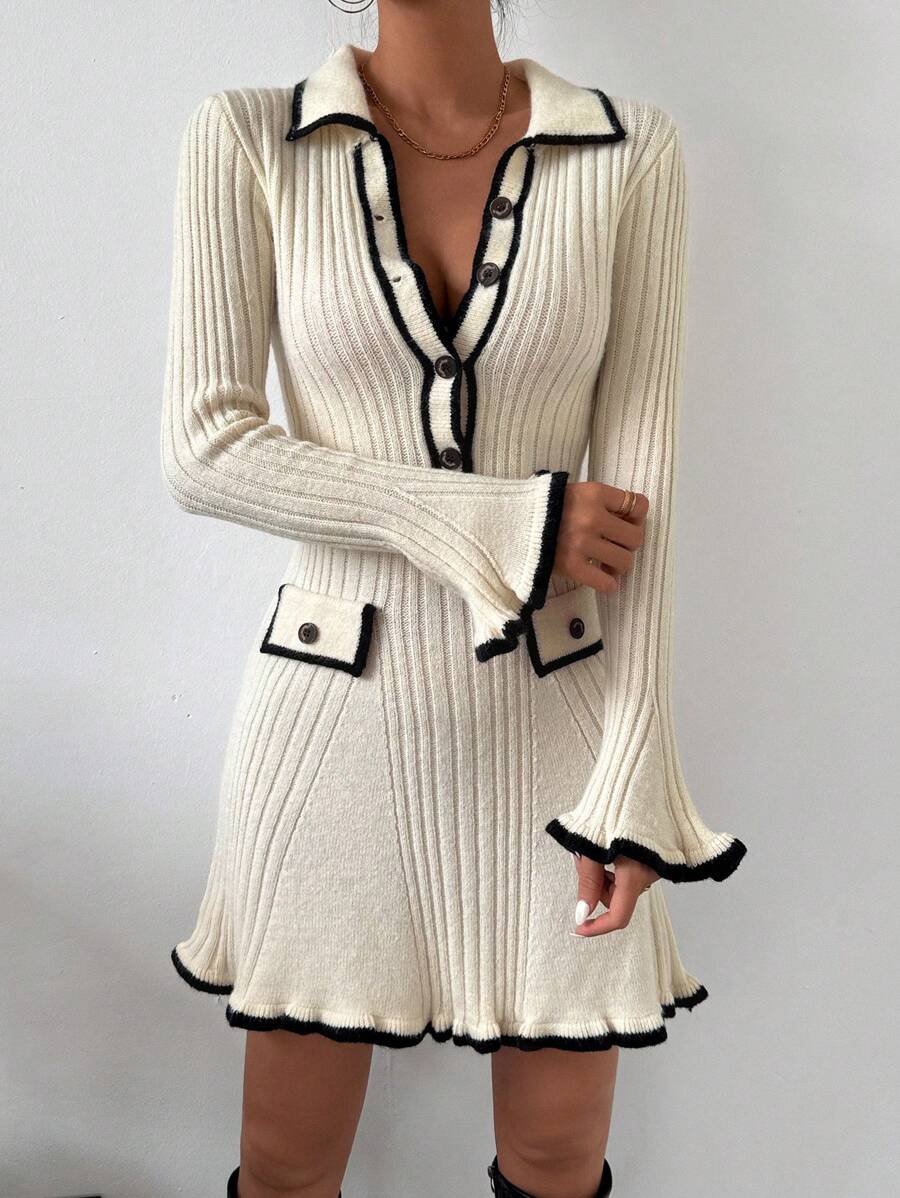 Chiquease Vestido Estilo Suéter Con Ribetes Y Detalle De Solapa En Bloques De Color - Albaricoque - Ver 1