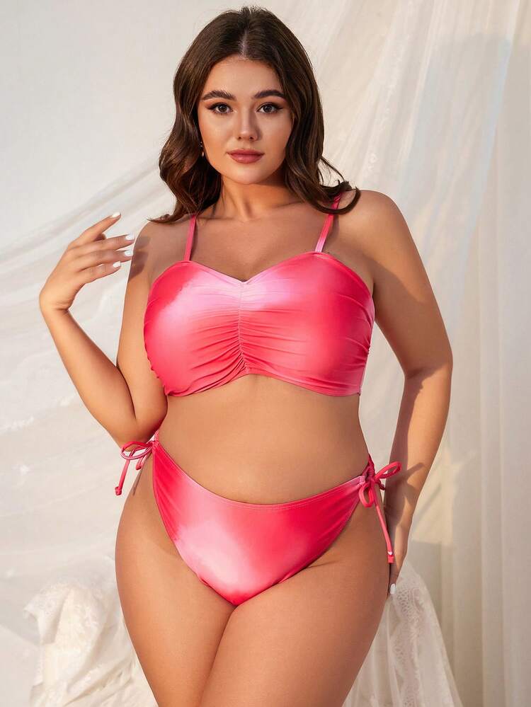 Swim Mod Conjunto de bikini degradado con detalle fruncido en tallas grandes para verano - Rojo - Añade 5