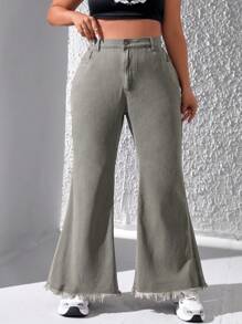 SHEIN EZwear 大尺碼女式放鬆版型牛仔褲,星星補丁和毛邊造型 - 軍綠色 - 查看 2