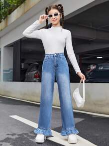 SHEIN Teen Girls' Frayed Hem Denim Jeans With Ruffle Trim - Medium Wash - View 3