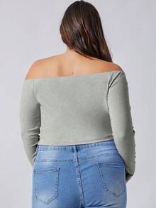 SHEIN BASICS 女款純色露肩長袖 T 卹 - 灰色 - 查看 2