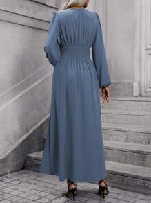 EMERY ROSE Đầm Maxi xẻ tà cao tay đèn lồng màu trơn dành cho nữ Trang phục mùa thu vải dành cho nữ - Màu xanh bụi bặm - Xem 2