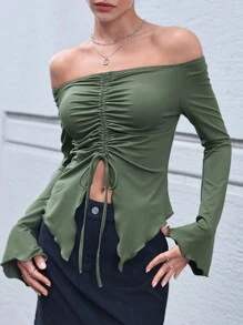 SHEIN Essnce Drawstring Detail Asymmetric Hem Off Shoulder T-shirt - Army Green - View 4