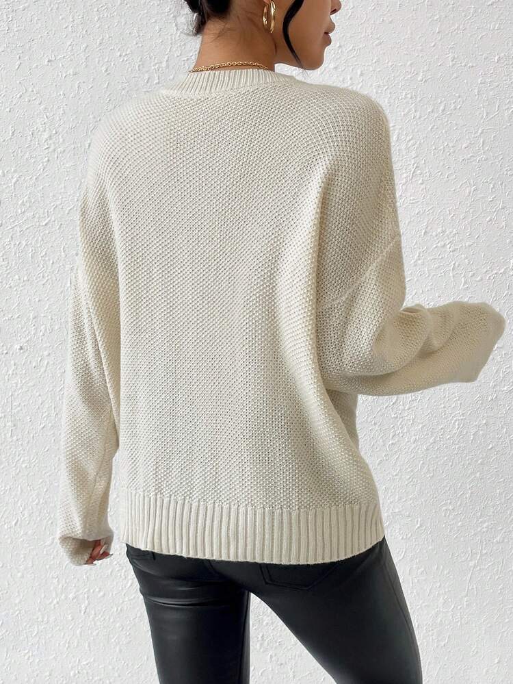 Button Half-Open Casual Sweater With Dropped Shoulder Knit Pullover Fall Winter Sweater