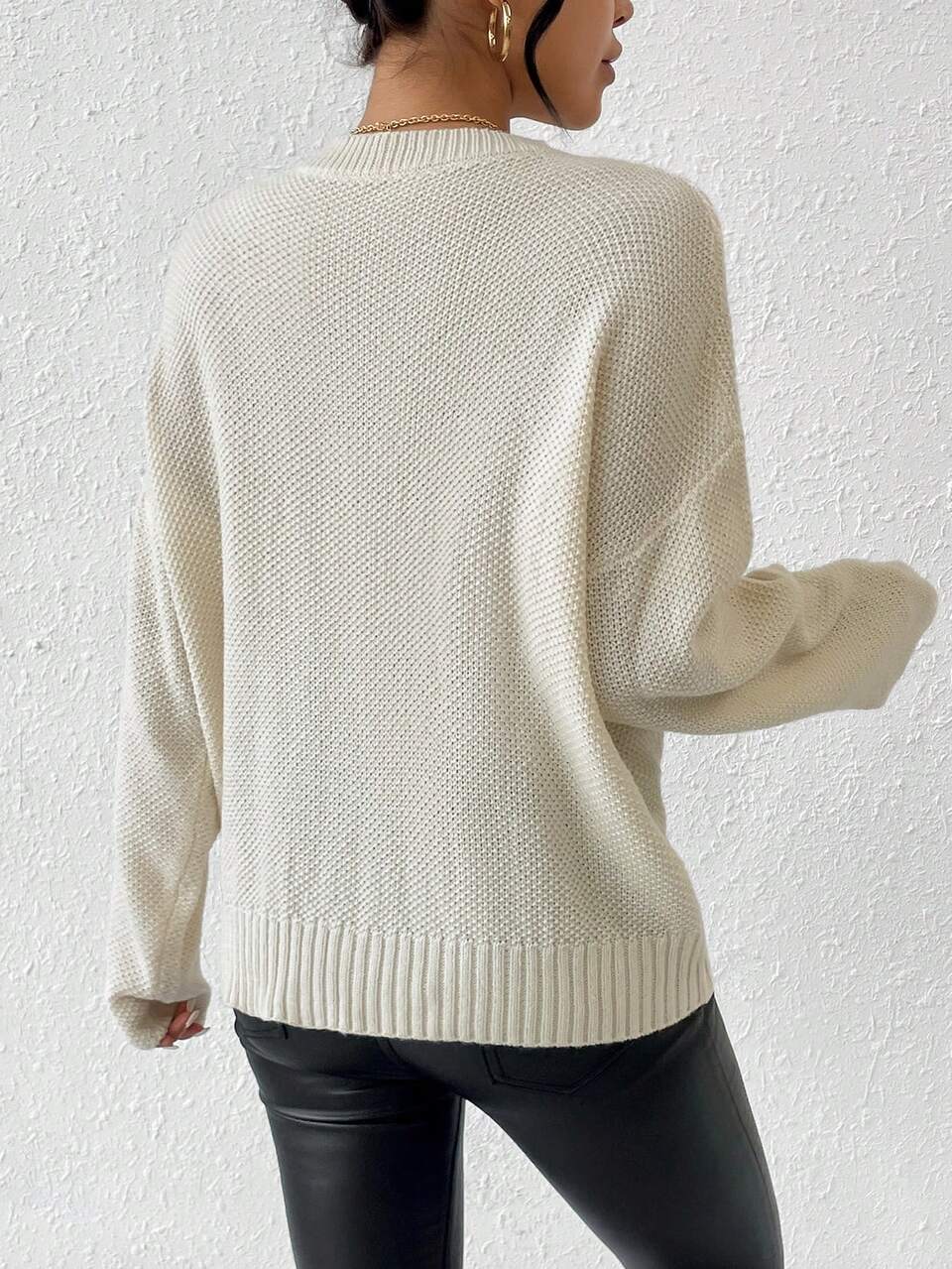Button Half-Open Casual Sweater With Dropped Shoulder Knit Pullover Fall Winter Sweater