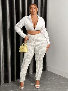 SHEIN SXY 女性大尺碼紋理長褲 - 杏色 - 查看 3