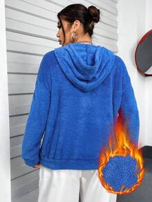 Flirla 加大码女式字母印花毛绒卫衣 - 藍色 - 查看 2