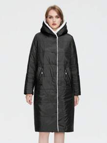Astrid Plus Zip Up Hooded Quilted Coat - Black - View 1