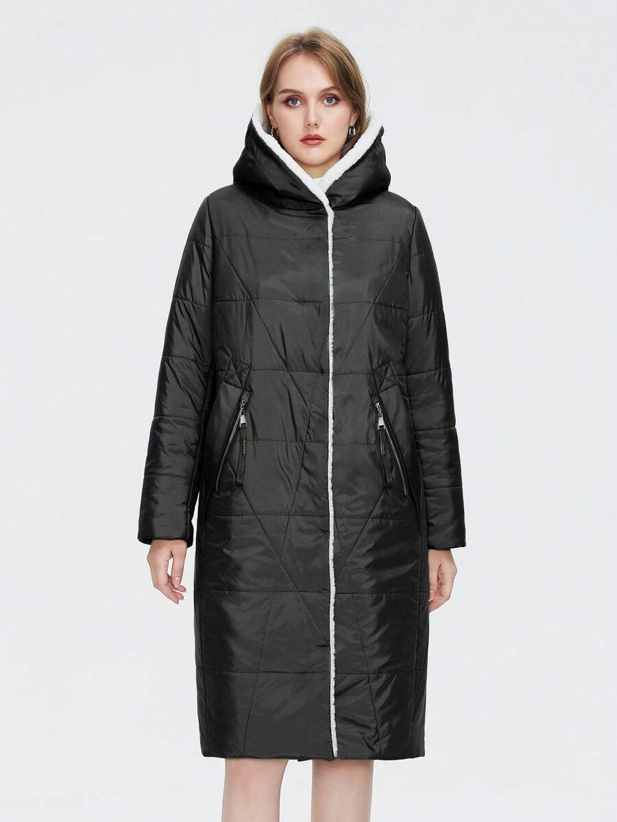 Astrid Plus Zip Up Hooded Quilted Coat - Black - View 1