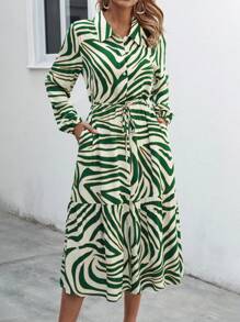 SHEIN LUNE Của phụ nữ Mô hình ngựa vằn Tay áo dài Váy sơ mi Với Thắt Lưng - màu xanh lá - Xem 3