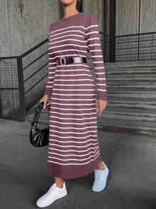 SHEIN Cottnline Striped Long Sleeve Round Neck Sweater Dress - Dusty Pink - View 4