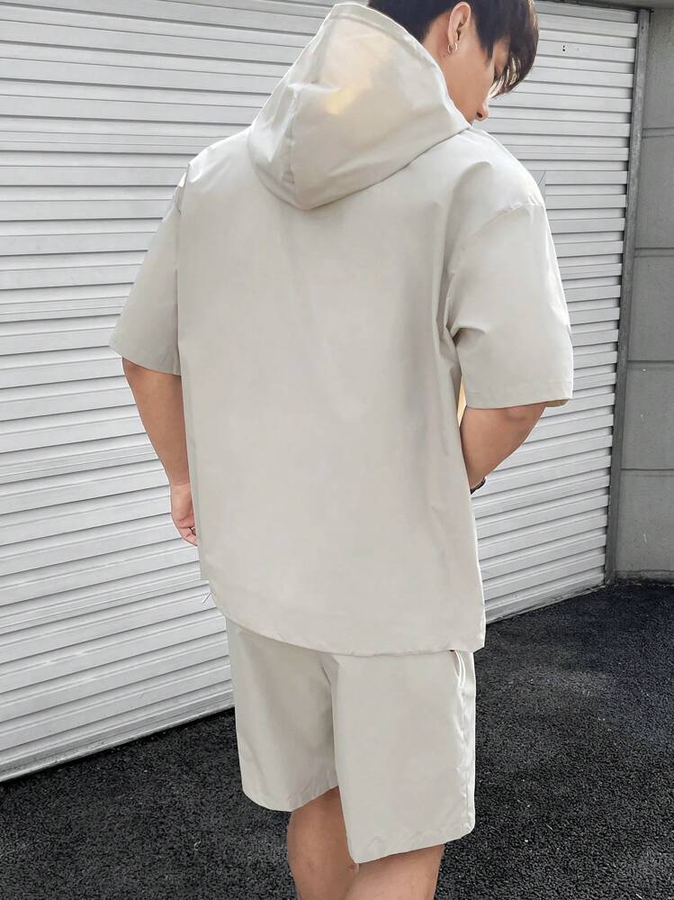 Claim Dot 男士宽松袋鼠口袋半拉链上衣和短裤套装，亚麻布，外出，男友礼物，纯色，休闲 - 灰色 - 查看 2