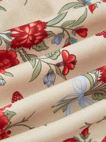 SHEIN MOD Women's Floral Print Cold Shoulder Bow Ruffle Hem Dress