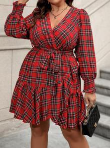 Calvaya Women's Plus Size Plaid Ruffle Hem Belted Dress For New Year Clothes