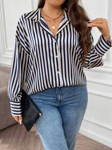 SHEIN Franclia Plus Striped Print Drop Shoulder Shirt - Blue - View 5