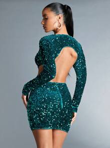 SHEIN BAE 女士v領閃亮無背緊身裙 - 墨綠色 - 查看 2