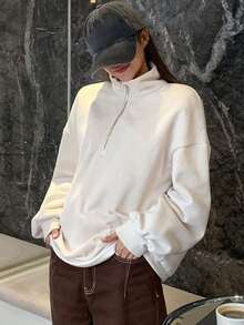 DAZY 女款純色長袖拉鍊運動衫 - 米色 - 查看 5